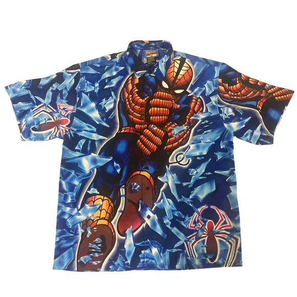 Marvel Other - Vintage 2001 Marvel Comics Spider-Man Button Down Shirt XL Blue Shattered Glass